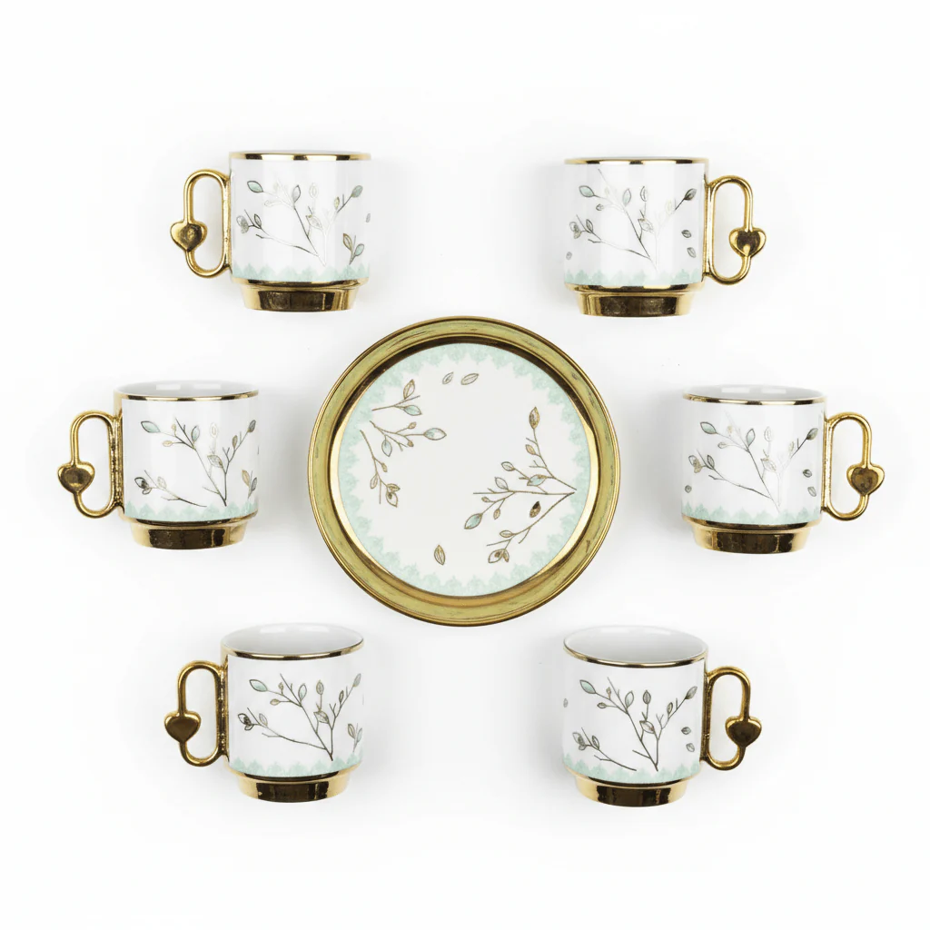 12PCS Ceramic Cup & Saucer Set – 6 Cups & 6 Saucers | Gold & Mint Green Floral Design