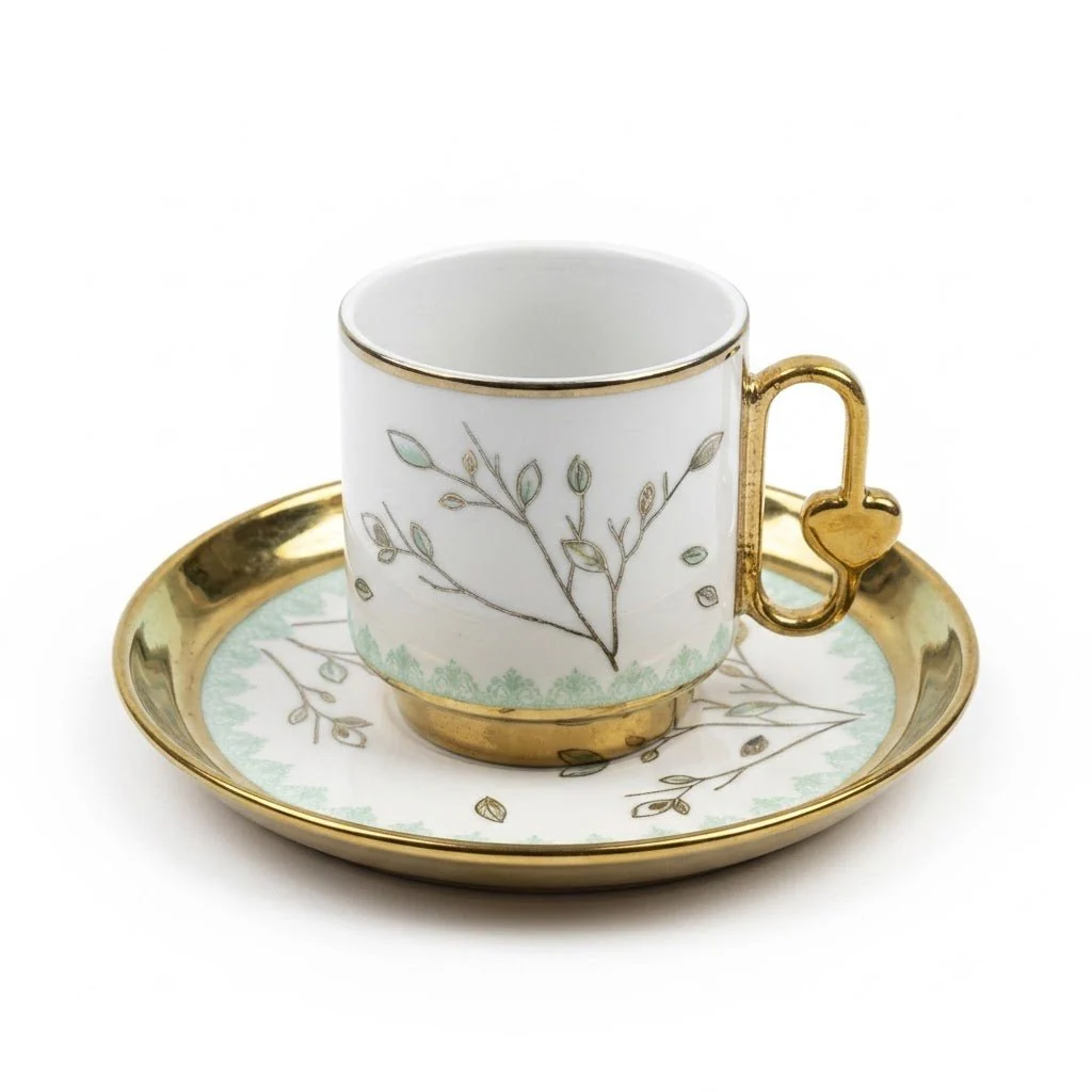 12PCS Ceramic Cup & Saucer Set – 6 Cups & 6 Saucers | Gold & Mint Green Floral Design - Image 2