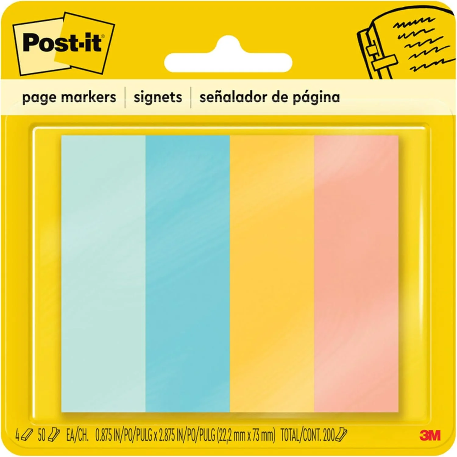 Post-it Page Markers, Assorted Colors, 1 in x 3 in, 50 Sheets/Pad, 4 Pads/Pack (671-4AF)
