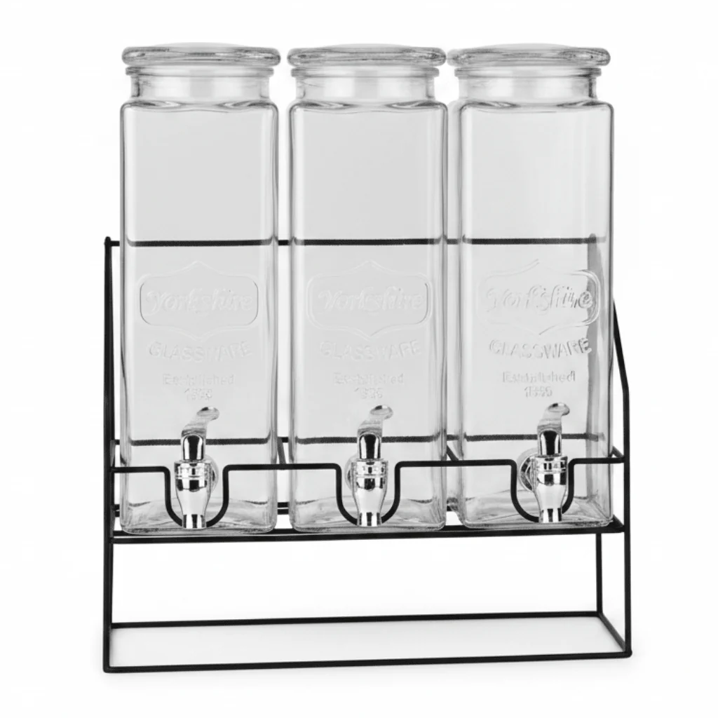 3 Pcs Classic Glass Beverage Dispenser Set with Metal Stand – 2.2L Each