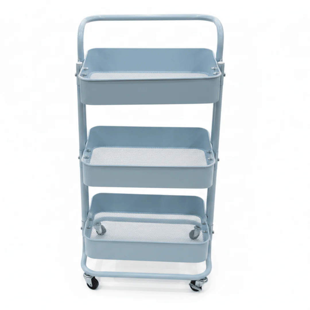 3-Tier Rolling Metal Storage Cart with Wheels & Handle | Mesh Shelves Utility Trolley | Grey & Blue | 28×38×70 cm | - Image 5