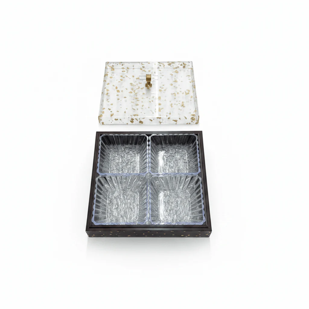 4-Piece Luxury Acrylic Crystal Candy Bowl Set with Brown Wooden Tray & Acrylic Lid | 24×24cm - Image 4