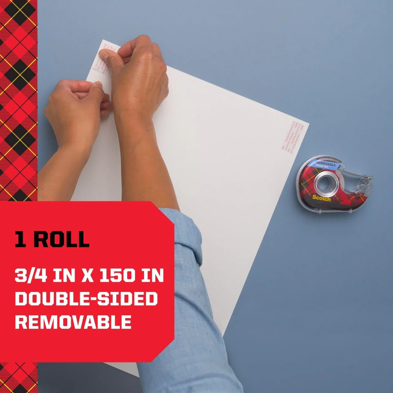 Scotch Removable Poster Tape 3/4 in x 150 in (19mm x 3.8m), 1 Roll/dispenser | Clear color | Ideal for poster, paper, cardboard | Multi-Surface | Easy to use | Double Sided Adhesive Tape - Image 2