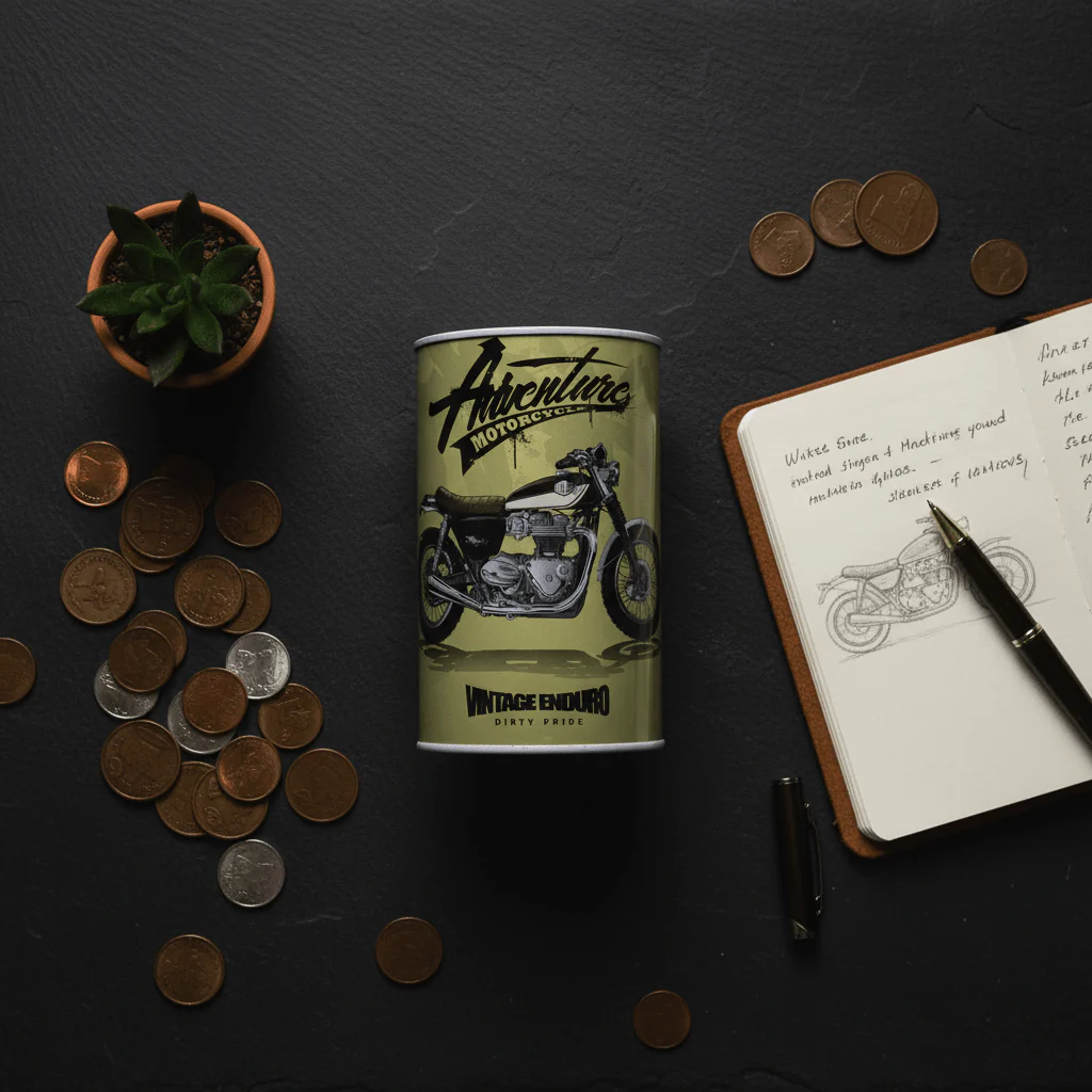 Adventure Motorcycle Vintage Enduro Metal Coin Piggy Bank Tin Box | Round Saving Box for Kids & Adults | 13×8 cm | Olive Green - Image 4