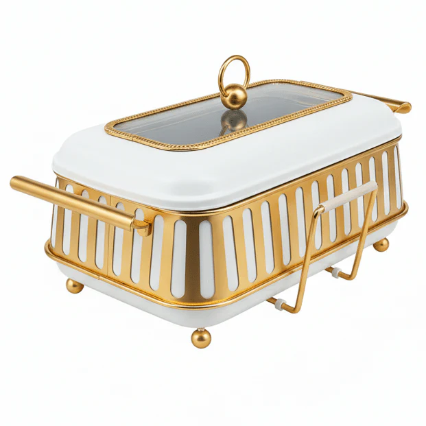 AFCO 1.5 Liter Rectangular Chafing Dish – Premium White & Gold Finish with High-Quality Plastic & Metal Outer Body and Heat-Resistant Inner Glass Bowl for Elegant Buffet Serving - Image 4