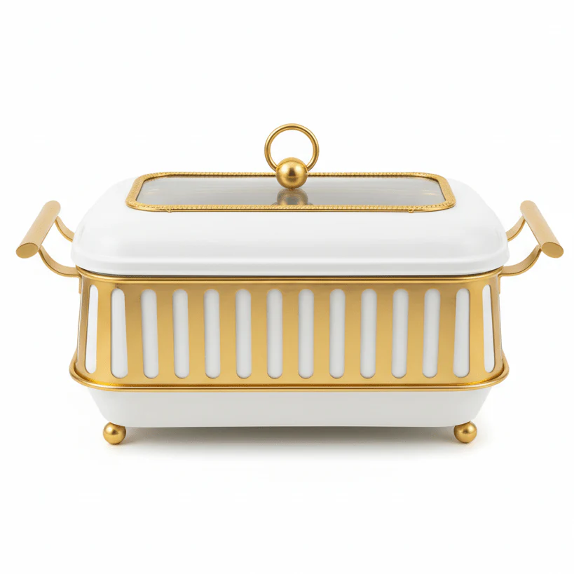 AFCO 2.2 Liter Rectangular Chafing Dish – Luxury White & Gold Food Warmer with Durable Plastic & Metal Frame and Tempered Glass Inner for Catering & Home Use