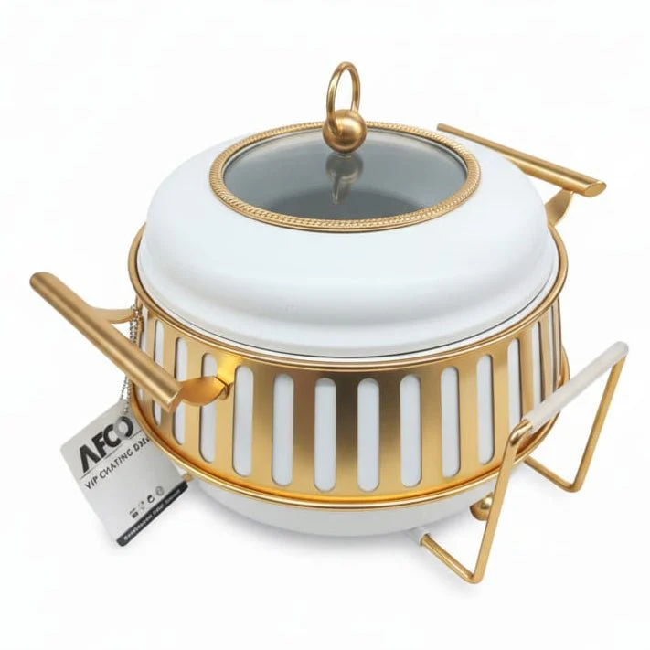 AFCO 2.2 Liter Round Chafing Dish – Elegant White & Gold Buffet Serving Dish with Heat-Resistant Glass Insert and Sturdy Outer Frame - Image 2