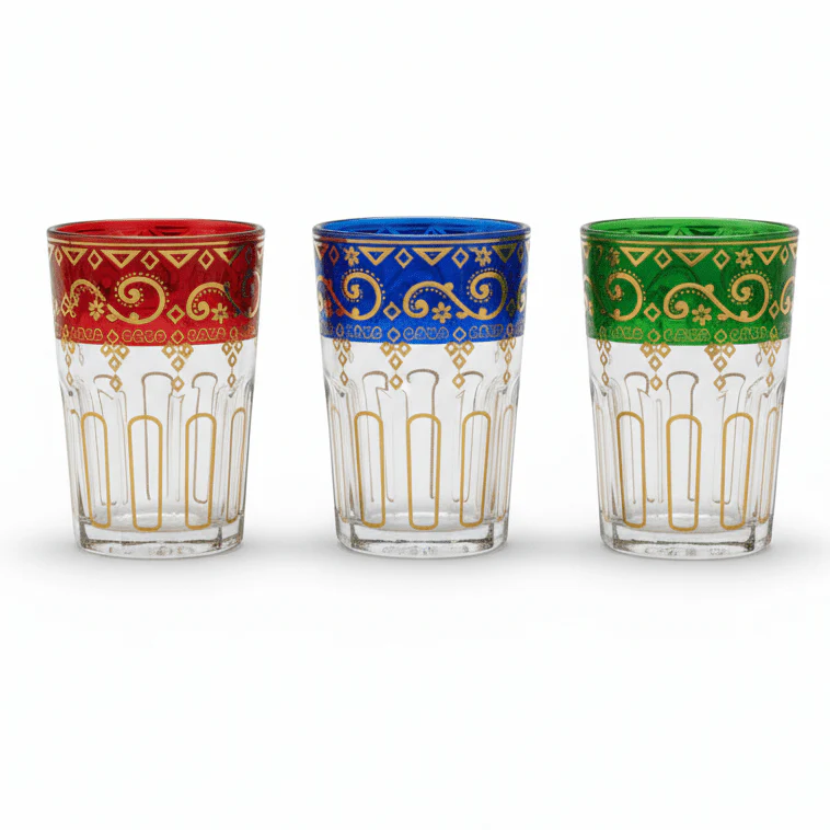 AFCO Moroccan Tea Glasses Set of 3 β 170ml | Red, Blue & Green with Gold Arabesque Design
