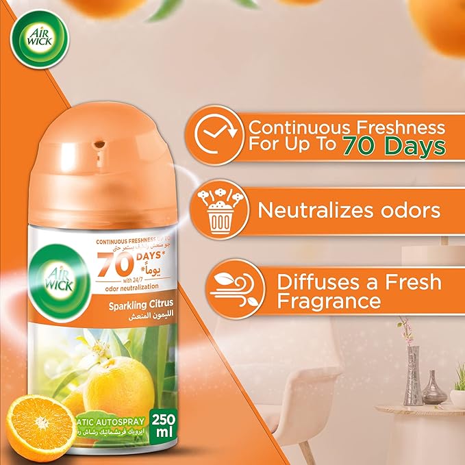 Air Wick Air Freshener Freshmatic Auto Spray Sparkling Citrus Gadget and Refill, Eliminates Bad Odour like Cat Litter Smell, 250 ml (Pack of 2) - Image 3