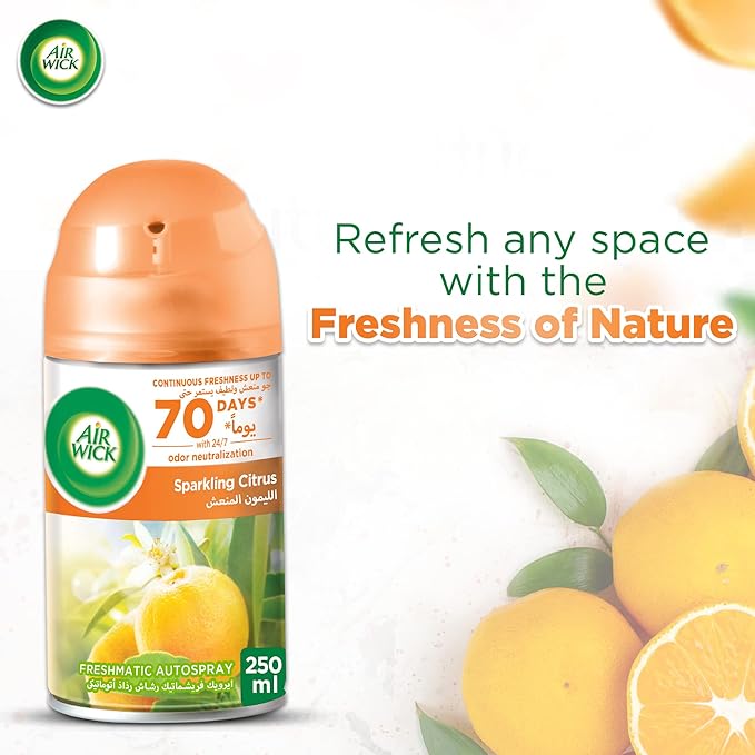 Air Wick Air Freshener Freshmatic Auto Spray Sparkling Citrus Gadget and Refill, Eliminates Bad Odour like Cat Litter Smell, 250 ml (Pack of 2) - Image 5