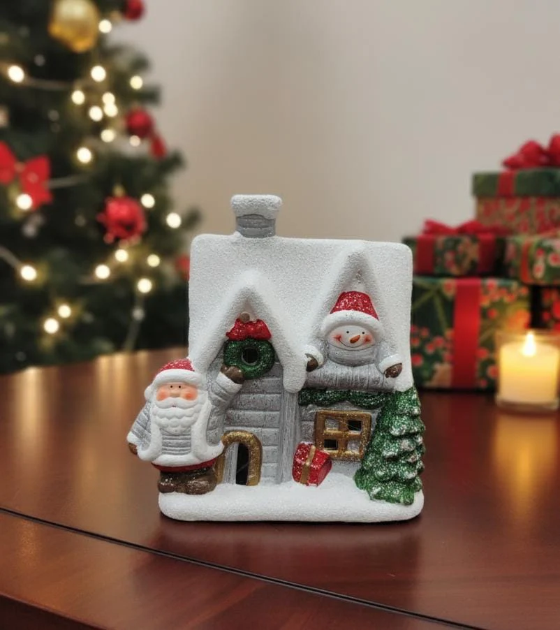 AKDC 14cm Christmas House with Santa Figurine – Festive Decorative Ornament for Home, Table & Mantel Décor