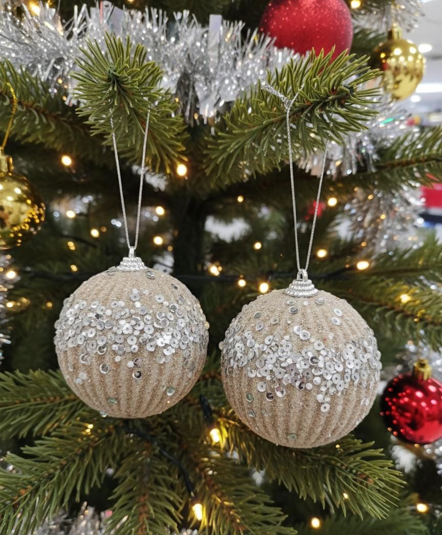AKDC 2-Piece 10 cm Gold Christmas Hanging Ball Décor – Silver Sequin Glitter Design for Tree Decoration
