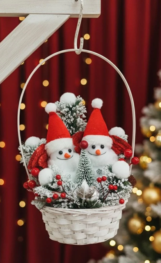 AKDC 20cm Snowman Sitting in Basket – Cute Christmas Hanging Décor Ornament for Tree, Wall & Holiday Decoration