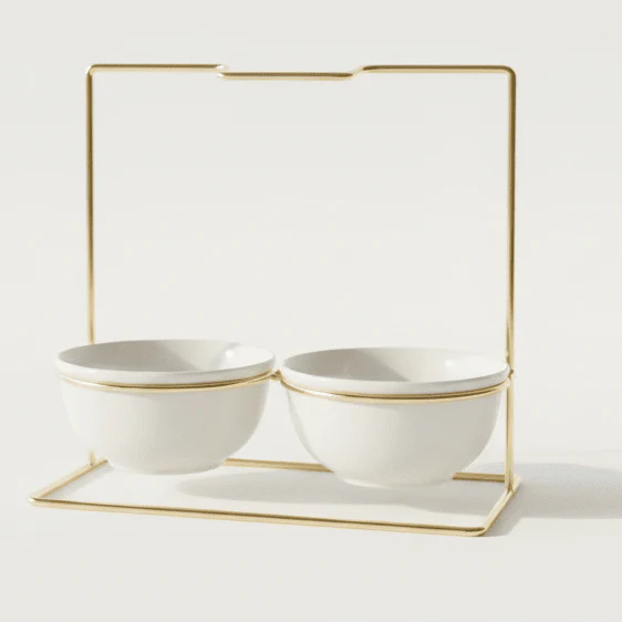 AKDC Dual Ceramic Bowl Set with Gold Stand | White & Gold Serveware 25cm