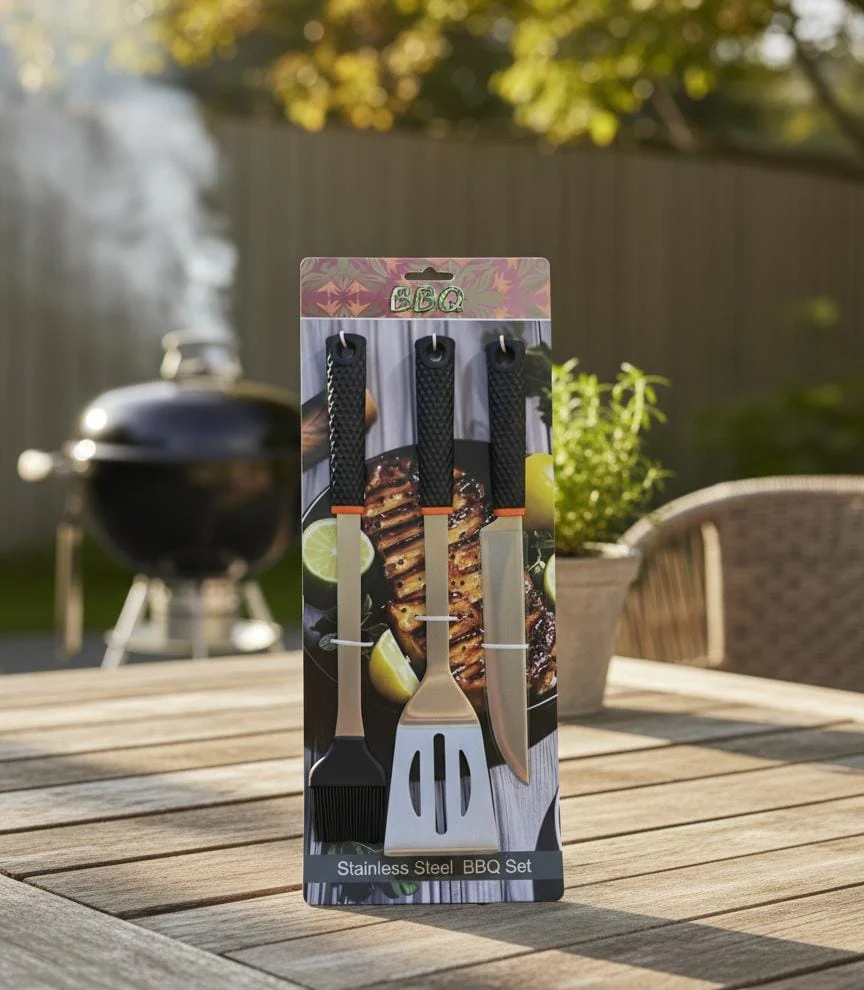 AKDC 3 pcs BBQ Tool Set – Stainless Steel Brush, Spatula & Knife Kit for Outdoor Barbecue & Grilling Lovers
