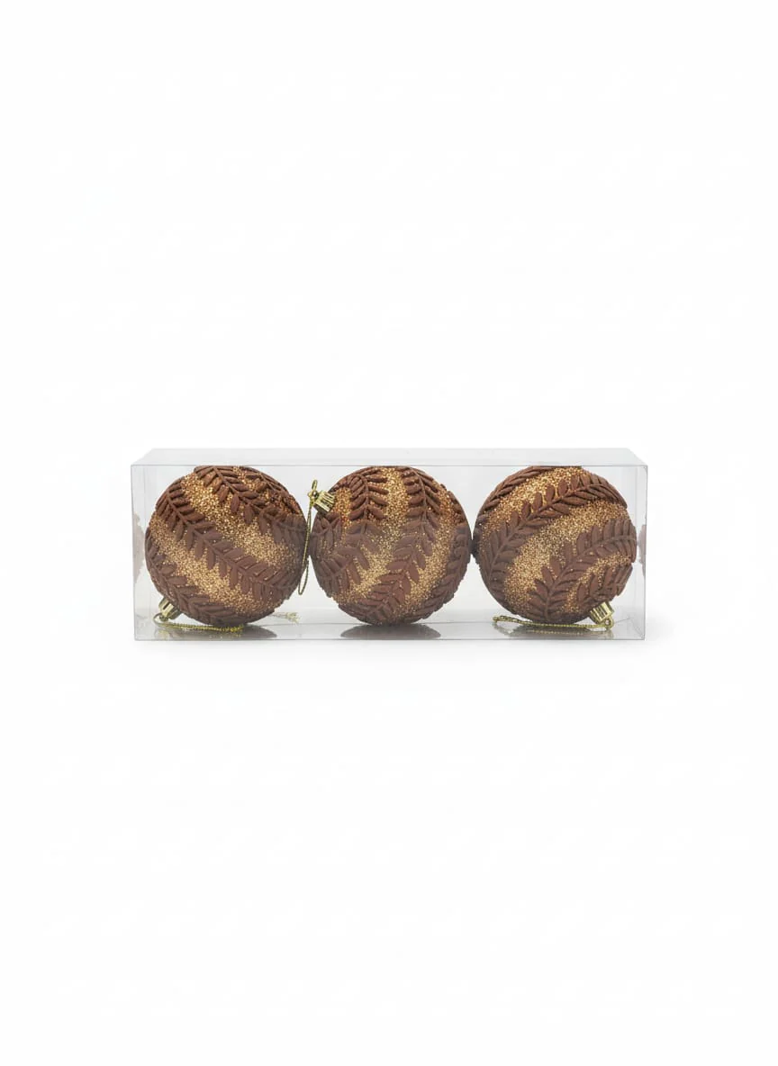 AKDC 3-Piece Brown Christmas Hanging Ball Décor Set – Elegant Leaf Pattern Ornaments for Tree Decoration - Image 2