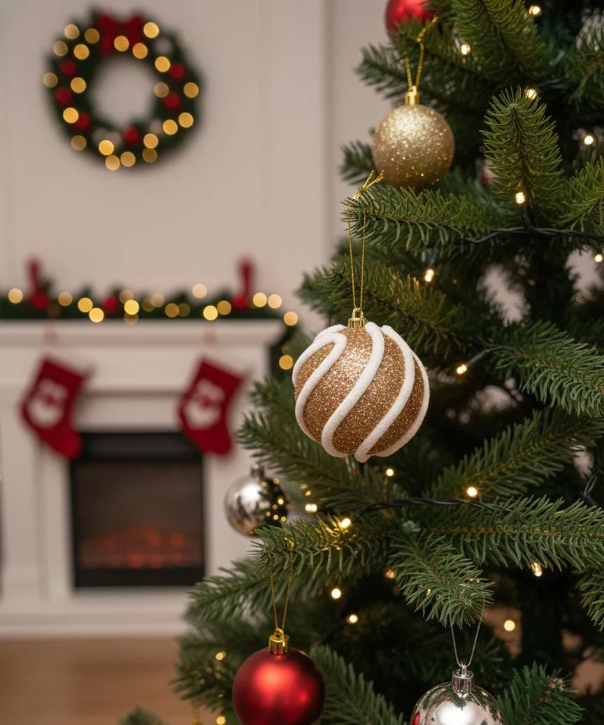AKDC 3-Piece Gold Christmas Hanging Ball Décor with White Fur Finish – Luxury Holiday Tree Ornaments