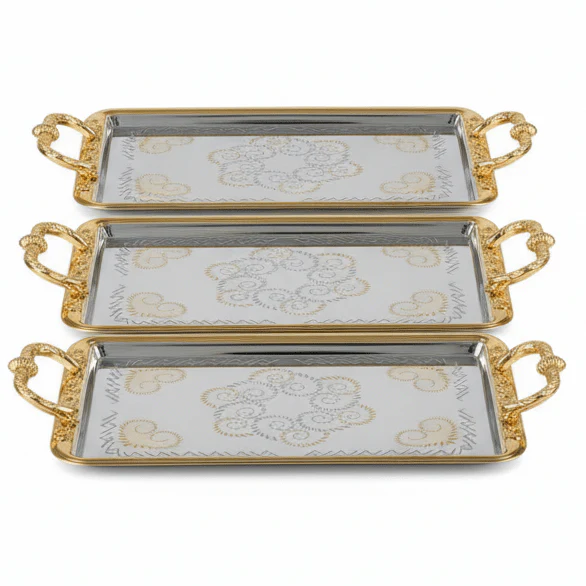AKDC 3-Piece Rectangular Silver Stainless Steel Serving Tray Set with Stylish Golden Handles, Multipurpose Food Tea & Drink Serving Platters for Home Kitchen & Dining – 35 x 22 cm, 42 x 26 cm, 48 x 30 cm