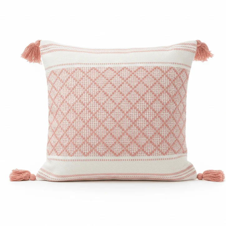 AKDC 40 cm Square Cotton Cushion – Soft Decorative Throw Pillow with Pink and Off-White Check Pattern for Sofa Living Room and Bedroom Decor