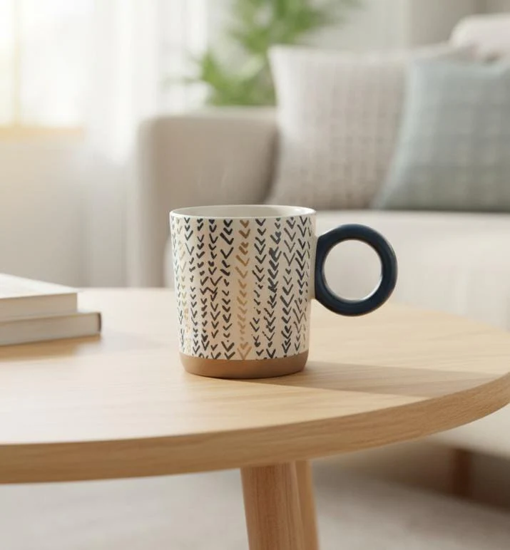 AKDC 400ml White Ceramic Mug with Blue & Brown Artistic Pattern – Premium Finish for Stylish Drinkware Lovers