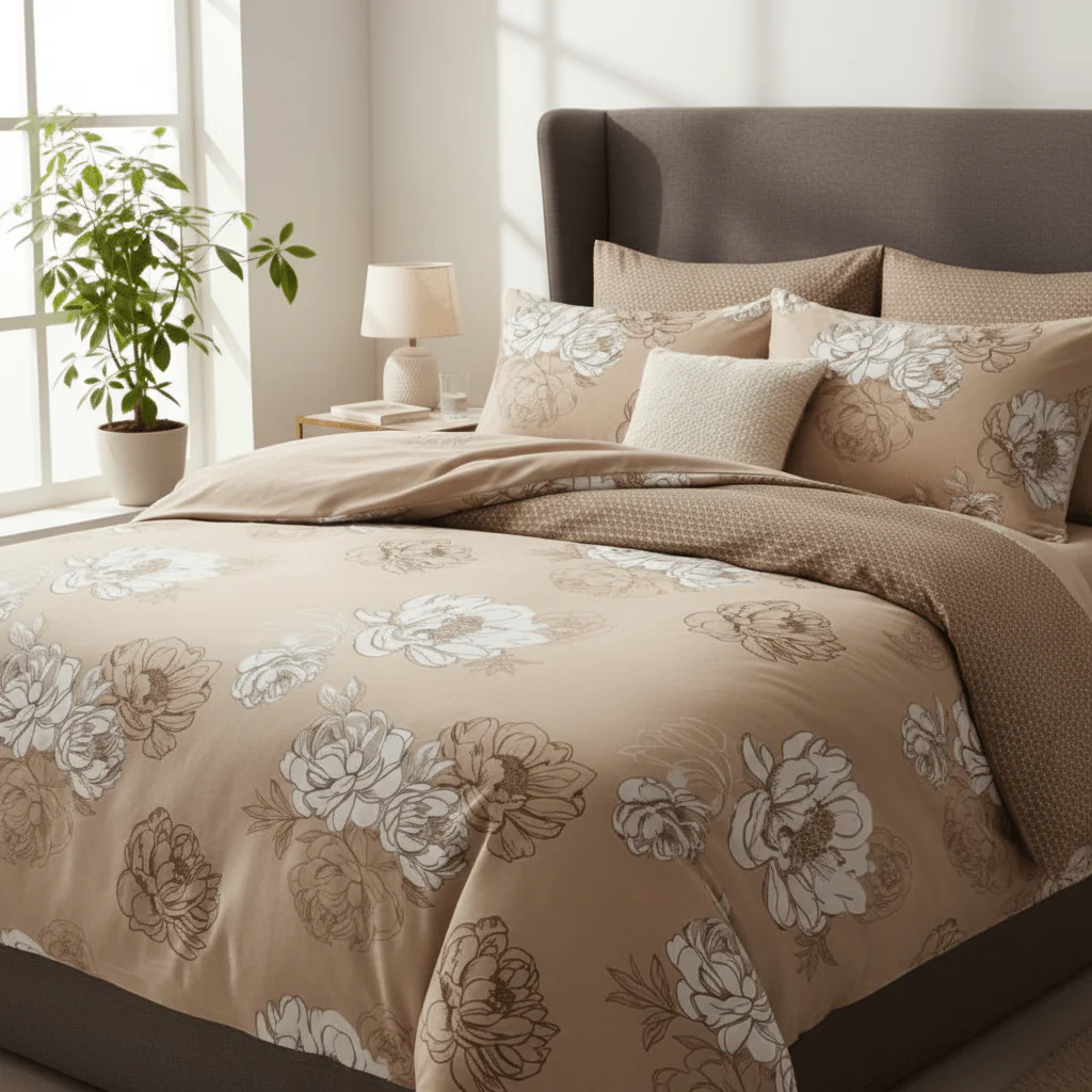 AKDC 6-Piece Beige Cotton Comforter Set with Flat Sheet & Square Cushions – 230×250 cm