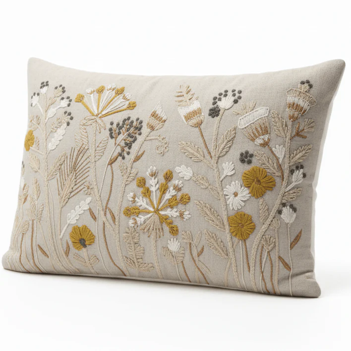 AKDC 60 x 40 cm Rectangular Cushion Cover – Beige Decorative Pillow Cover with Embroidered Floral Design in White Mustard and Brown Tones