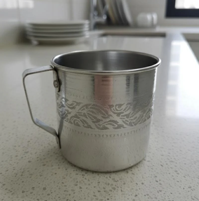 AKDC Aluminium Mug – Elegant Silver Design | 10 cm Classic Drinkware Piece