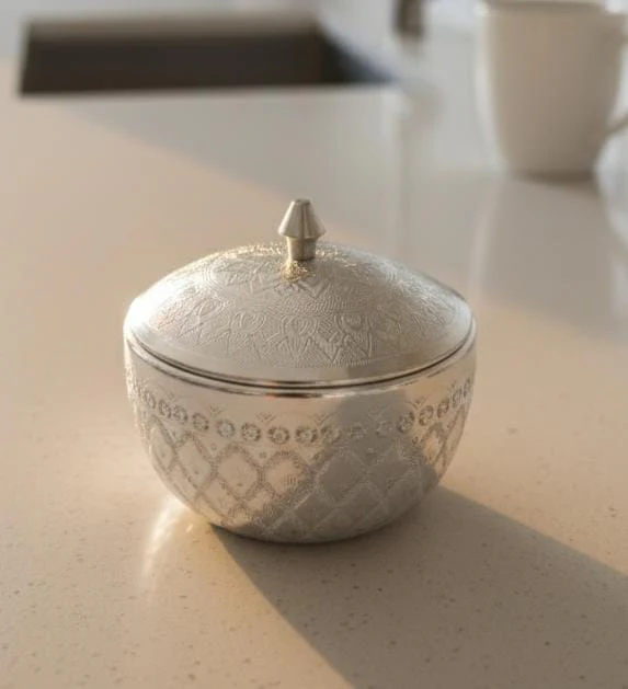 AKDC Aluminium Sugar Bowl – Classic Silver Design | 10 cm Elegant Kitchen Accessory