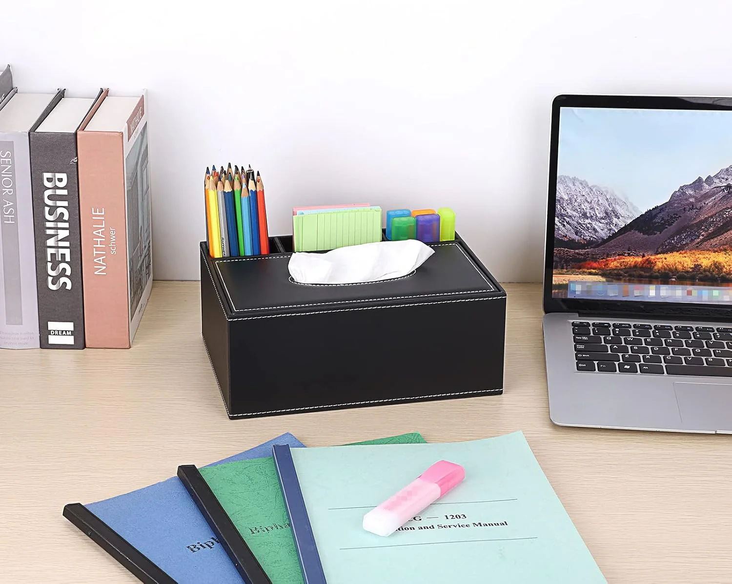 AKDC Black PU Leather Rectangular Tissue Box with Pen Holder 25*18.5*10cm - Image 2