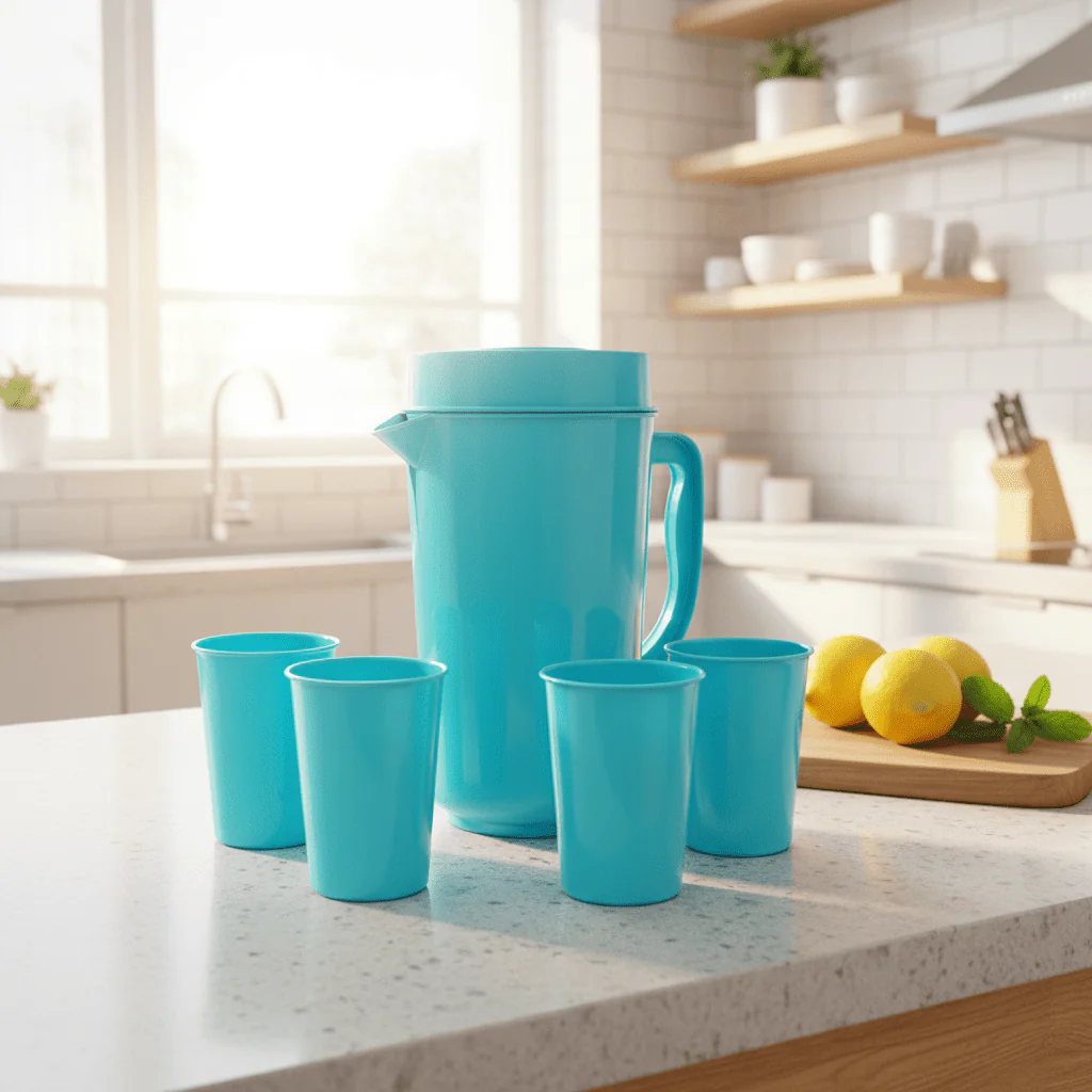 AKDC Blue Plastic Water Jug with 4 Tumblers Lightweight Serving Set-1100ML