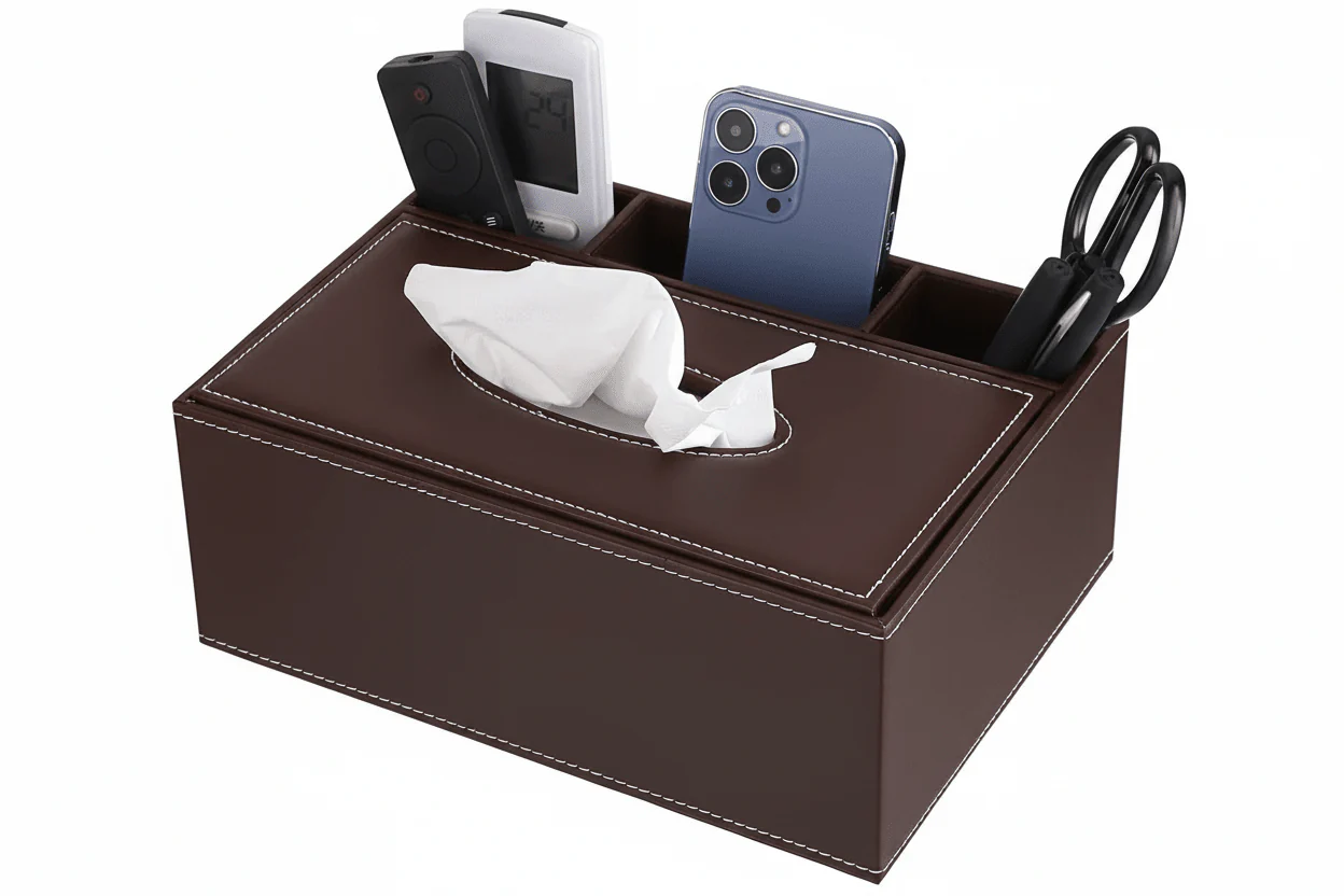 AKDC Brown PU Leather Rectangular Tissue Box with Pen Holder 25*18.5*10cm