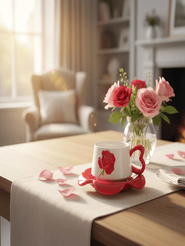 AKDC Ceramic Cup and Saucer Set – Red with White Flower Pattern, 350 ml Coffee & Tea Cup - Image 2