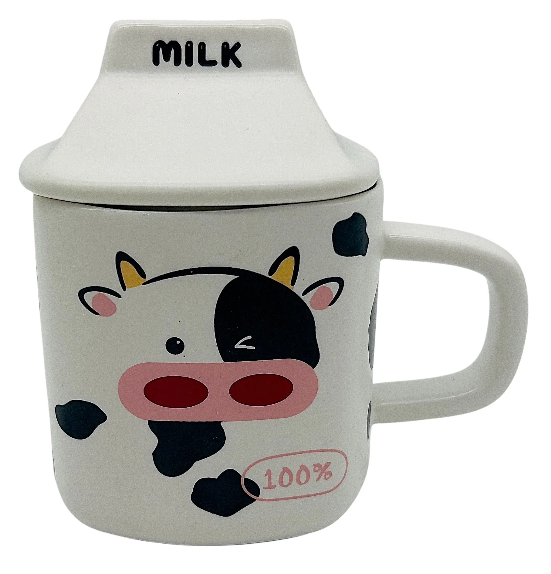 AKDC Ceramic Mug with Lid – White with Cute Cow Design, 300ml