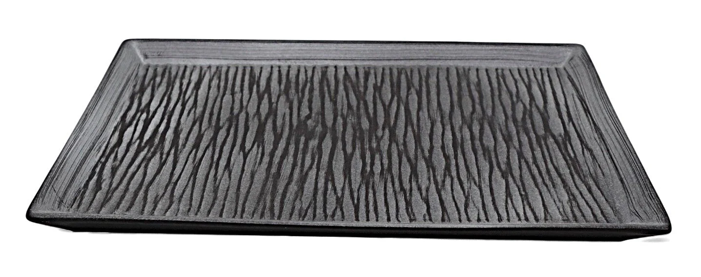 AKDC Ceramic Rectangular Dinner Plate 32.5×21.5 cm – Elegant Gray with Black Detailing