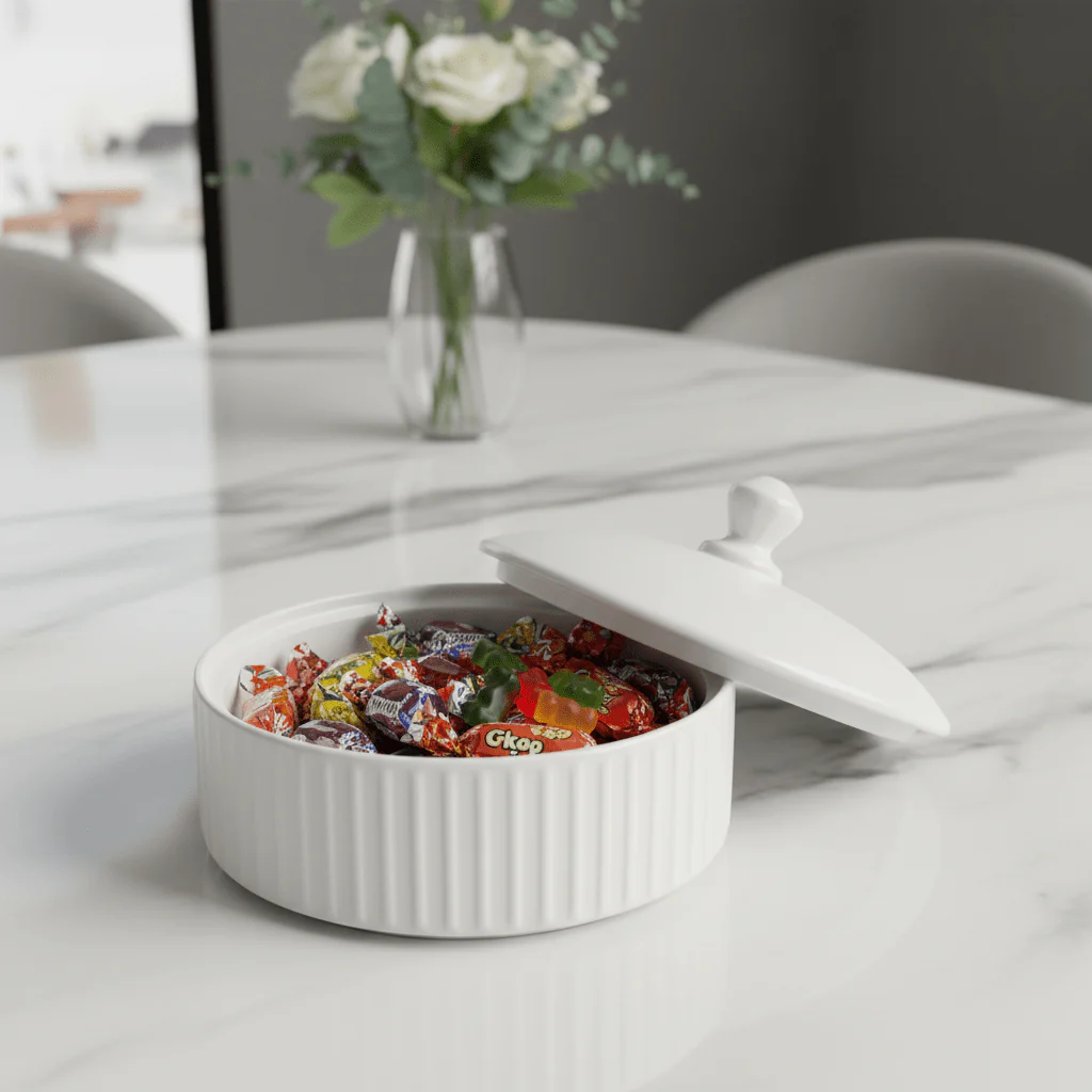 Classic White Ceramic Candy Bowl with Lid – Stylish Snack & Sweet Serving Dish (7 inch) - Image 3