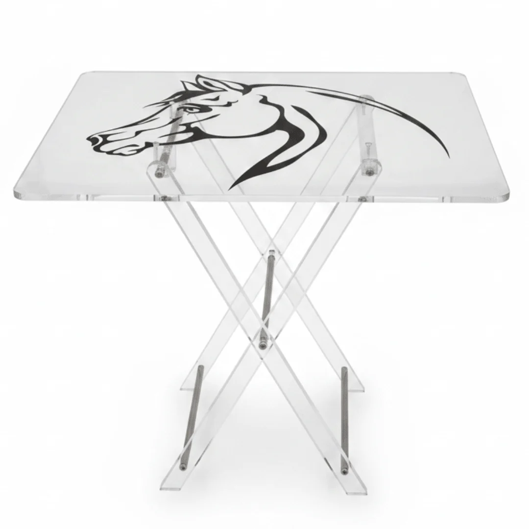 AKDC Clear Acrylic Coffee Table Set Featuring Black Horse Artwork Print Elegant Foldable 4-Piece Design 50x40x47 cm