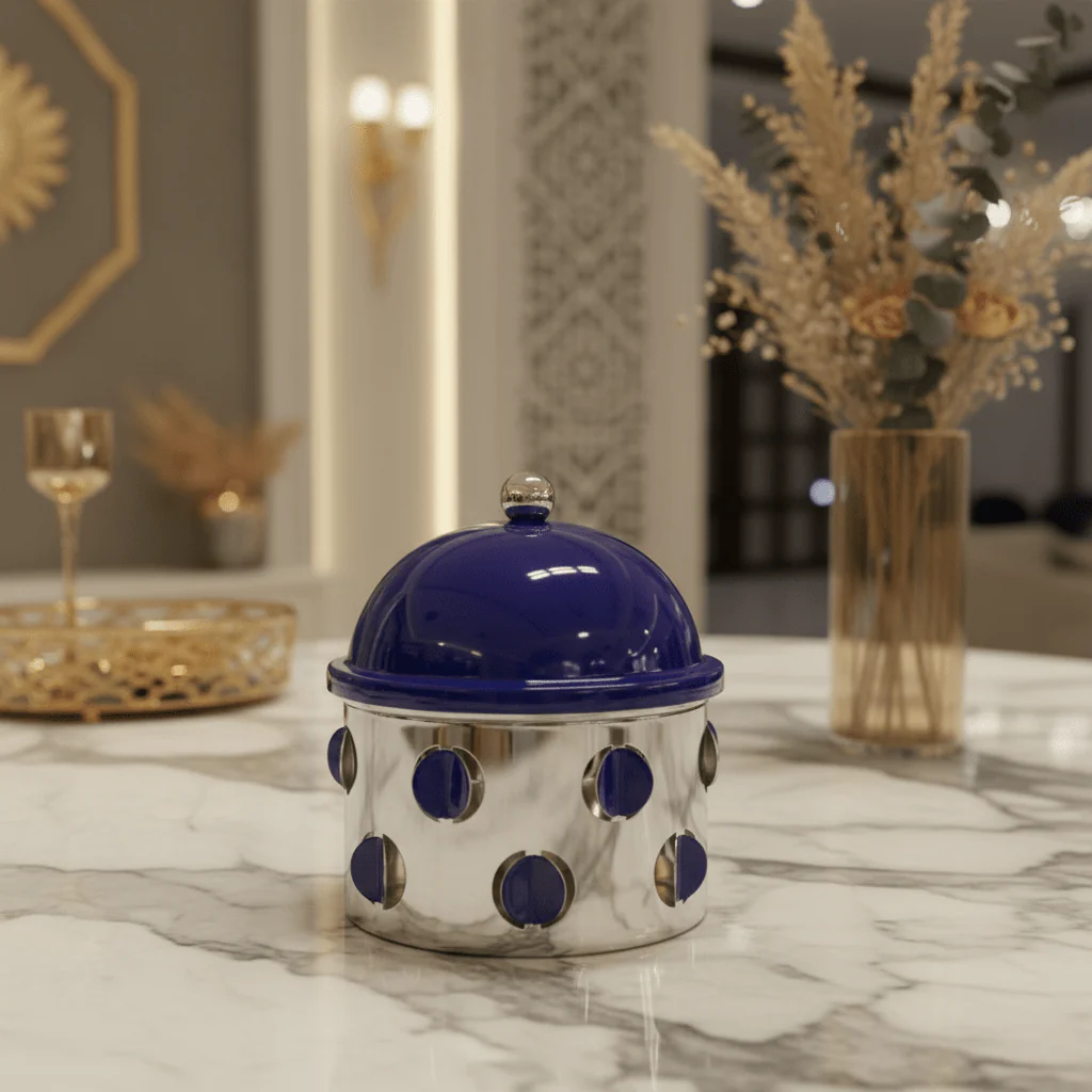 AKDC Compact Silver & Blue Decorative Dates Bowl 13×13 cm Small Serving Dish for Snacks & Nuts - Image 2
