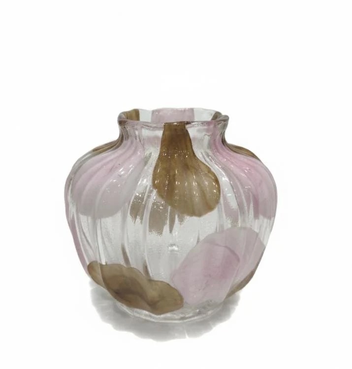 AKDC Compact Transparent Glass Vase with Soft Brown & Pink Pattern – 16×18 cm Modern Table Décor