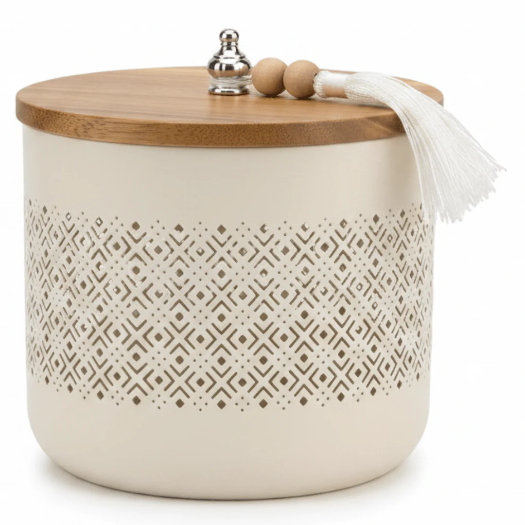 AKDC Cream Metal Candy Storage Jar with Wooden Lid β Elegant Kitchen Organizer for Sweets & Snacks β 18 Γ 17 cm