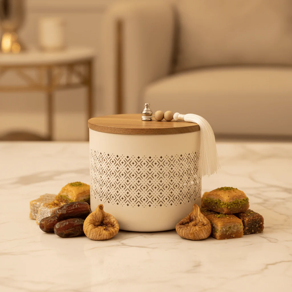 AKDC Cream Metal Candy Storage Jar with Wooden Lid β Elegant Kitchen Organizer for Sweets & Snacks β 18 Γ 17 cm - Image 2