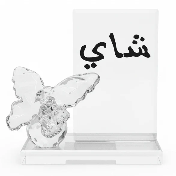 AKDC Crystal Glass Decorative Piece 12 cm – “Tea” Arabic Calligraphy Home Ornament