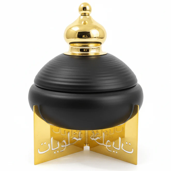 AKDC Decorative Metal Candy Jar with Lid and Raised Stand – Elegant Black and Gold Finish Storage Jar for Sweets, Dry Fruits and Home Display, Size 22 × 18 cm