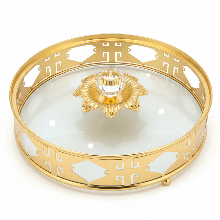 AKDC Decorative Round Gold Candy Jar with Glass Finish – Premium Sweet & Dates Storage 20 cm
