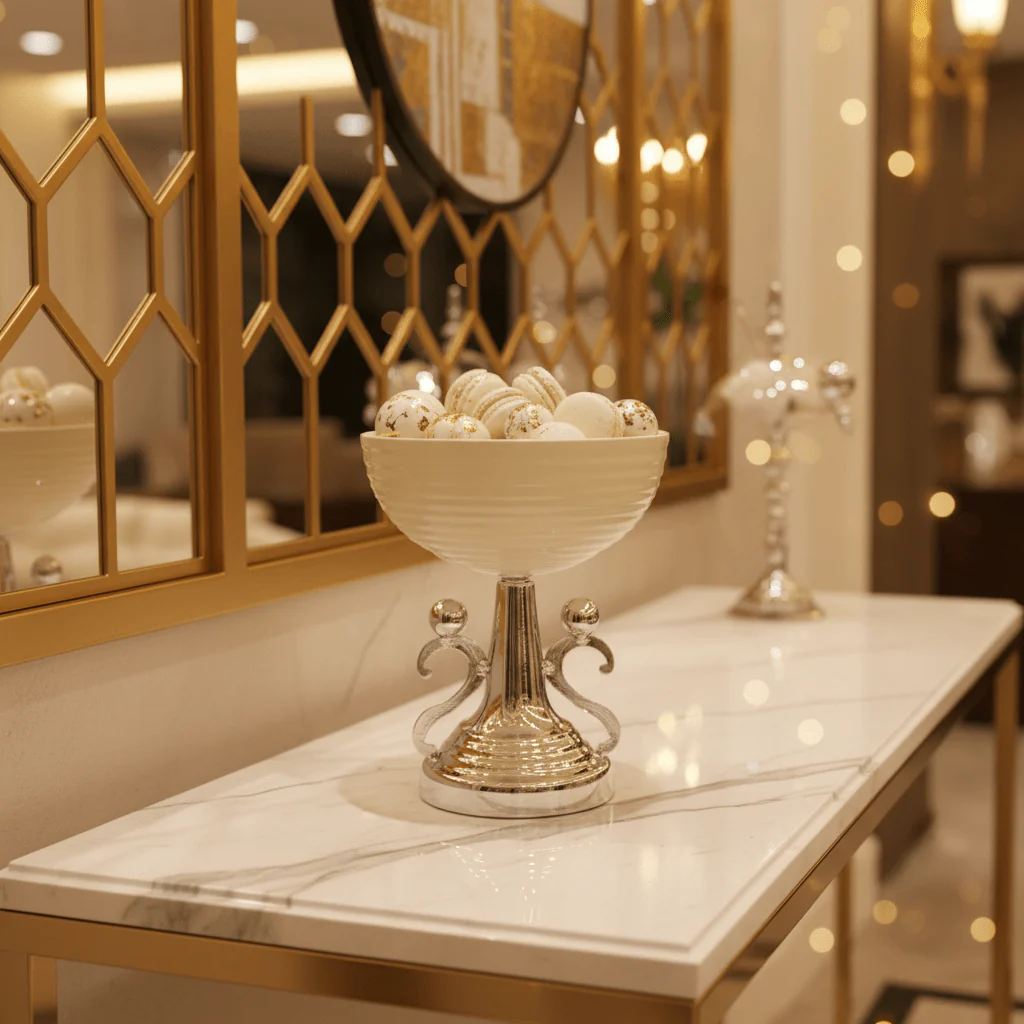 AKDC Decorative Silver & Cream Footed Candy Bowl – Elegant Raised Serving Dish for Desserts & Dry Fruits – Luxury Table Accent – 30x15 cm - Image 3