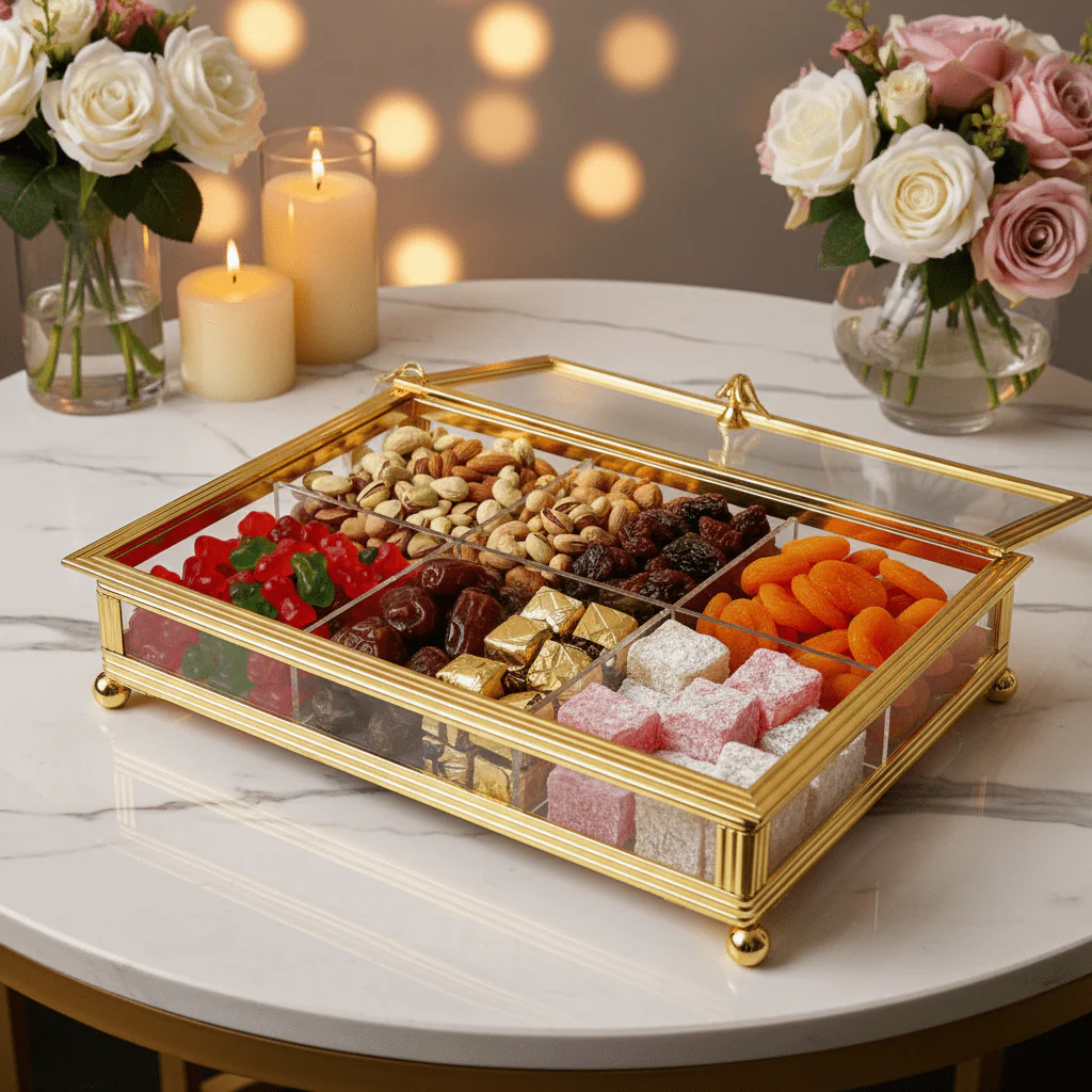 AKDC Deluxe 6-Compartment Candy & Snacks Tray with Golden Border and Lid – Party Serving Organizer 35×25 cm - Image 2