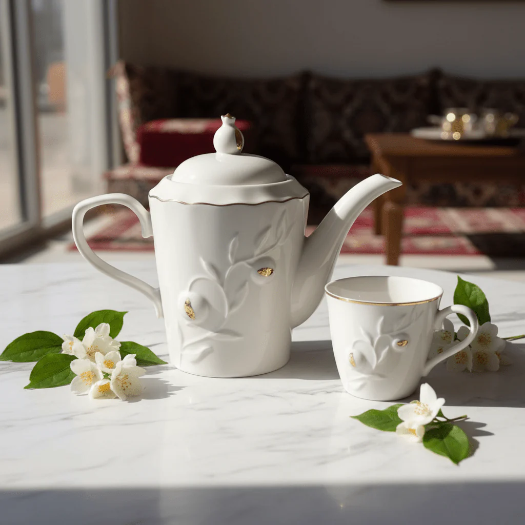 White Ceramic Teapot with Sophisticated Gold Detailing and Lid – Elegant Tea Serving Pot (17 cm) - Image 2