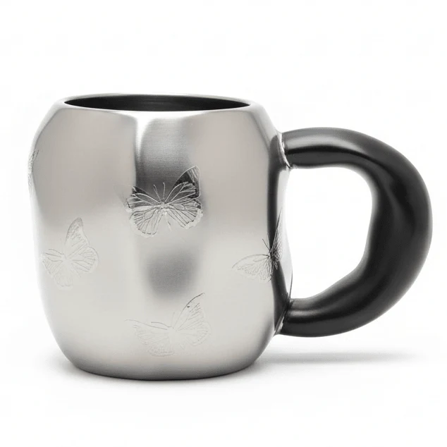 AKDC Designer Ceramic Mug 400 ml – Modern Silver and Black Color Combination with Artistic Butterfly Print for Daily Tea and Coffee Use