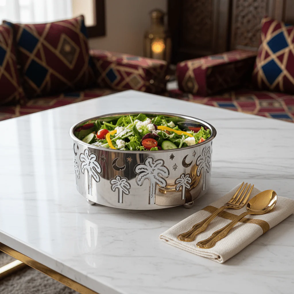 AKDC Designer Stainless Steel Salad Bowl with Palm Tree Design Base β Luxury Serving Bowl for Dining & Hosting β 23 Γ 10 cm - Image 2