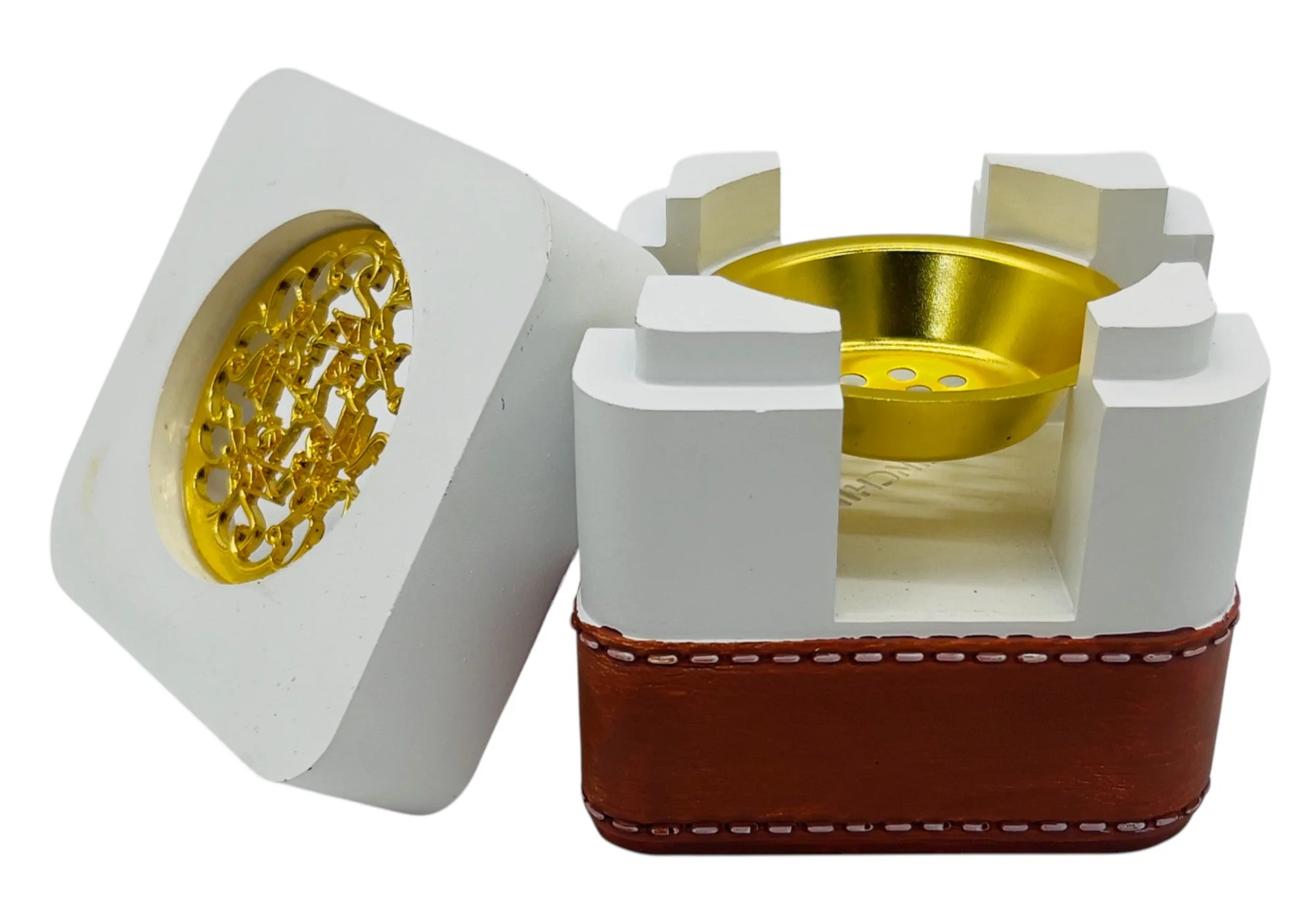 AKDC Diamond Shaped Incense Burner 11cm*10cm*9cm, Gypsum Material, White/Dark Brown - Image 2