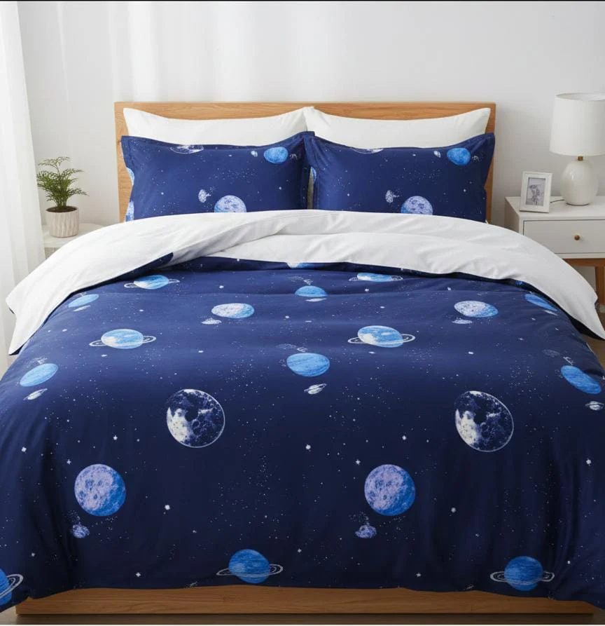 AKDC Double Quilt Cover Set in Blue with Space Design, Cotton-Poly Blend, 200x230cm Quilt, Bed Sheet & 2 Pillowcases